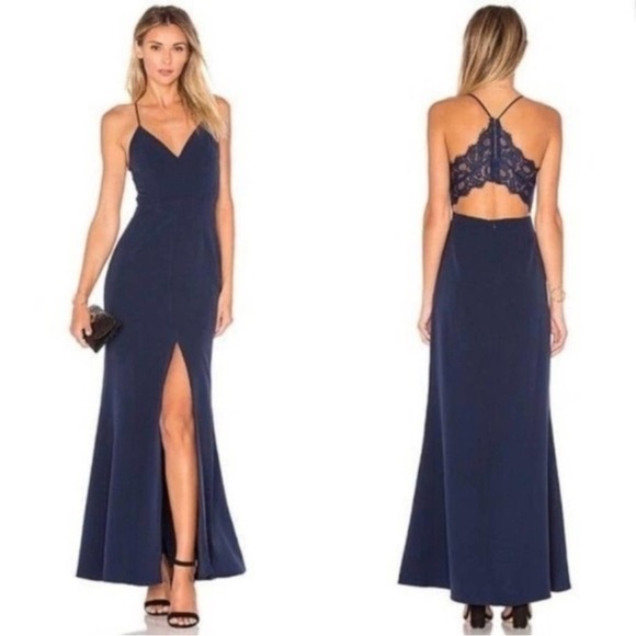 Lovers and Friends Helena Gown in Navy Lace Open Back V-Neck Slit Sleeveless 2 - Picture 13 of 13